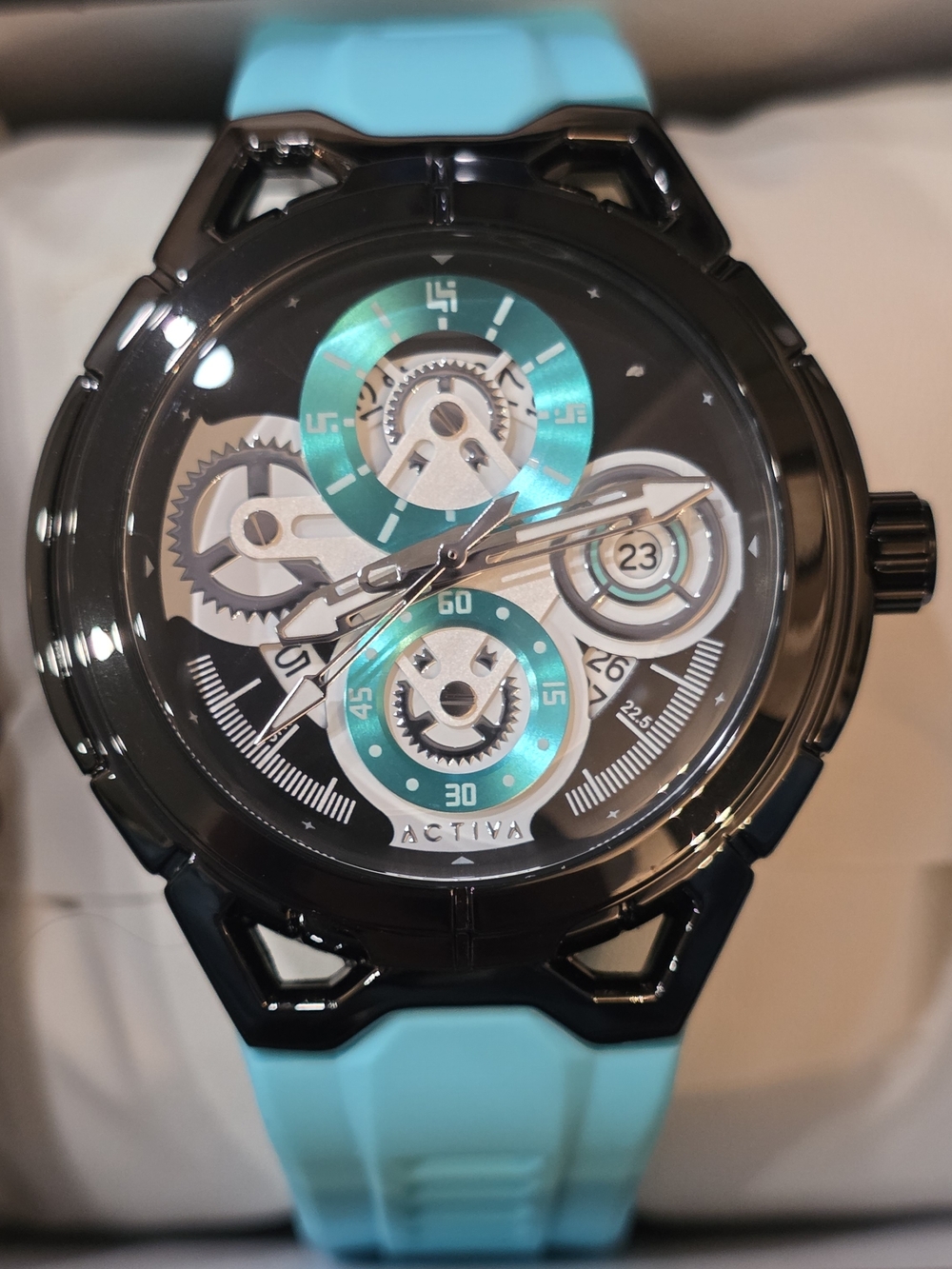 Ativa Turquoise and Black Silicone Strap Watch with Gear Dial